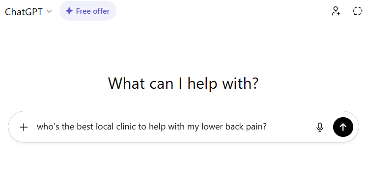 User asking ChatGPT for a local clinic recommendation